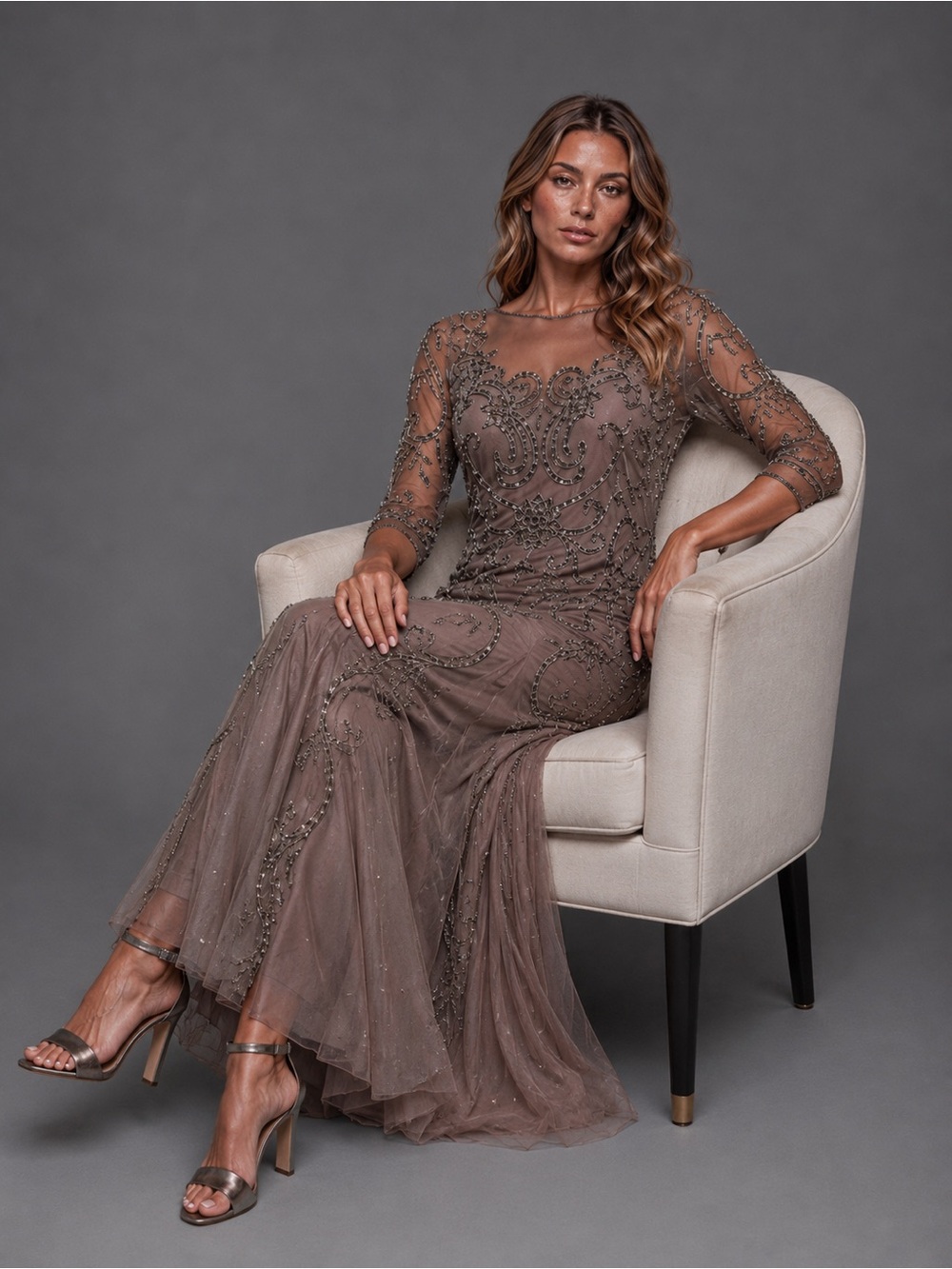 Pisarro Nights Beaded Mesh Gown Glamour